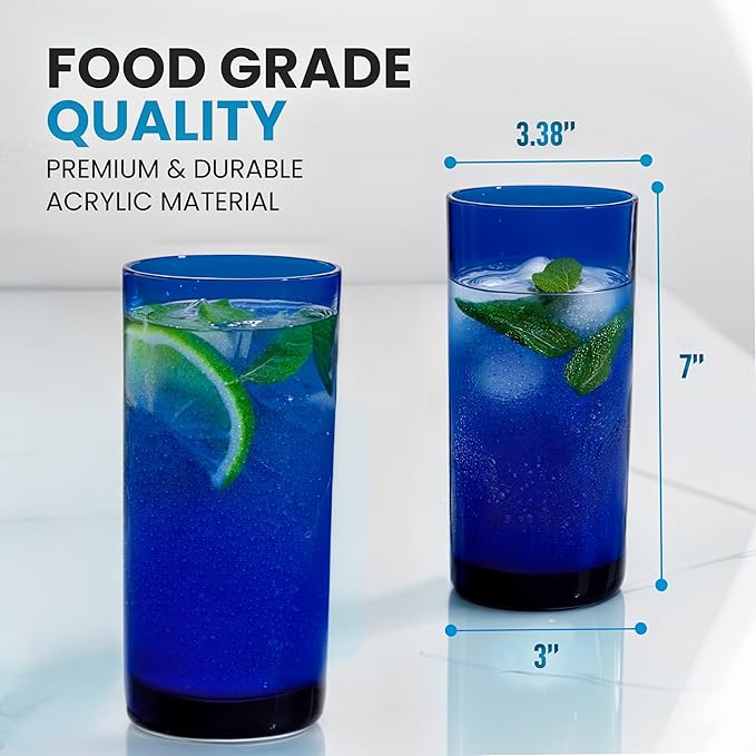 Zulay Kitchen Acrylic Glasses Drinkware - 6 Piece Unbreakable Plastic Tumblers - BPA-Free, Reusable Plastic Drinking Glasses for Home & Outdoors - Stackable, Lead-Free, Dishwasher Safe, Dark Blue 16oz