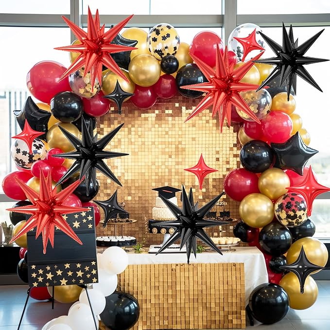 18 Pcs Black Red Star Balloons, Red and Black Balloon with 6 Pcs 22-Inch Explosion Star Balloons 12Pcs 10-Inch Four Pointed Stars Foil Balloon for Anniversary Disco Birthday Party Decorations