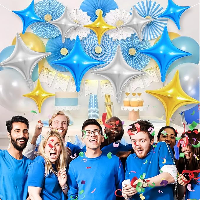 Blue Gold Silver Balloons,12Pcs Four Angle Star Foil Balloons,26Inch and 10Inch Blue Silver Gold Quadrangle Helium Balloon for Birthday Anniversary Party Decorations