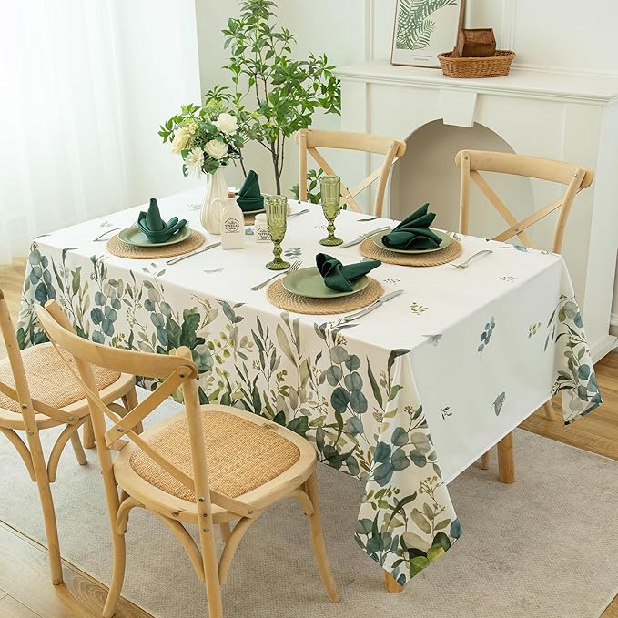 Summer Spring Tablecloth – Waterproof, Stain Resistant, Eucalyptus Floral Design for Dining, Kitchen, Outdoor, Picnic, Easy Clean, Vibrant and Durable Boho Home Decor, W60 x L144