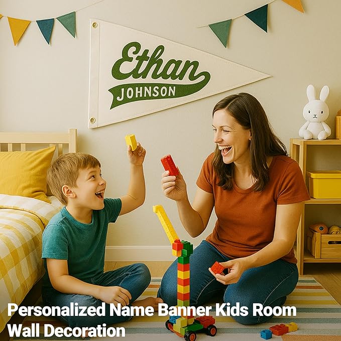 Custom Hand Embroidered Name Pennant Banner, Personalized Baby Name Canvas Pennant Flag for Kids Room Bedroom, Customized Nursery Name Sign for Boys & Girls, Baby Shower Birthday Party Gift