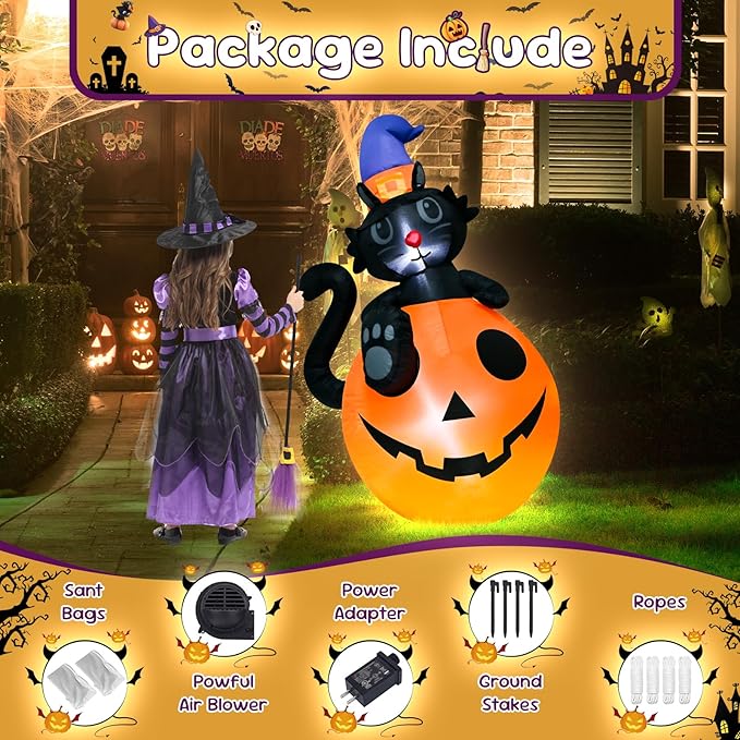 4FT Halloween Black Cat Pumpkin Inflatable Decoration Blow up Decoration with LED Lights Indoor Outdoor Yard Party Holiday Graden Decor