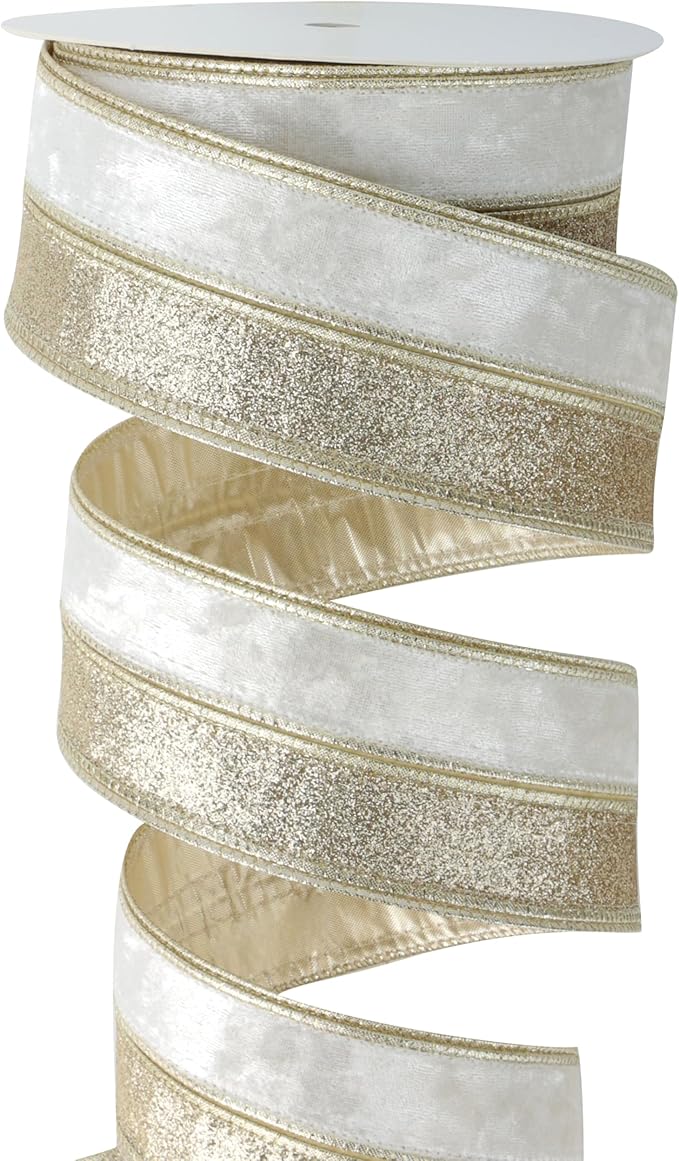 Ivory Velvet Wired Christmas Ribbon 2.5 Inch Ivory and Gold Glitter Holiday Ribbon – 10-Yards Roll for Tree Decorations, Gift Wrapping, Wreaths, and DIY Crafts