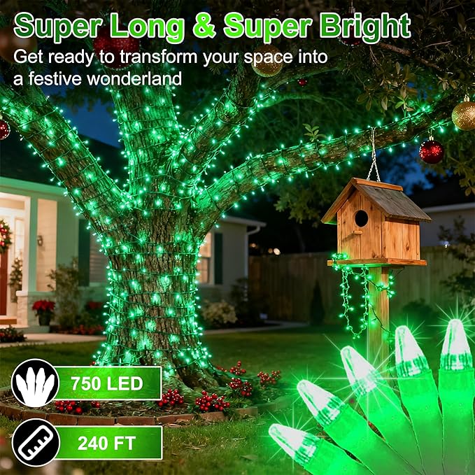 750 LED 240FT Christmas String Lights Outdoor, 12 Pro Modes and Timer Memory & Brightness, Plug in Outdoor Waterproof Clear Wire Twinkle Light for for Xmas Yard Tree Wedding Party Decor (Green)