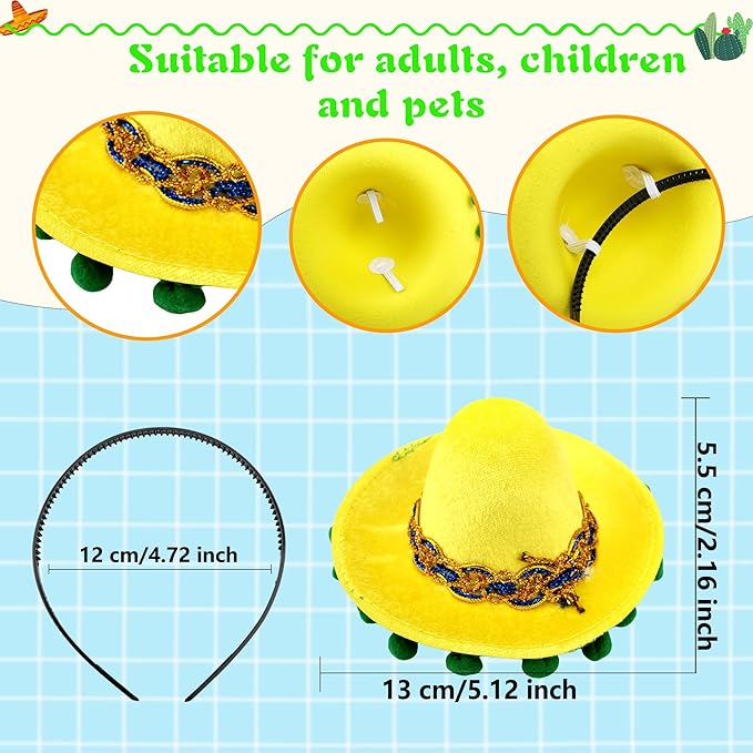 8 Pack Cinco De Mayo Fiesta Fabric and Straw Sombrero Headbands Sombrero Party Hats Cinco De Mayo Fiesta Sombrero Headband for Mexican Theme Party Decorations