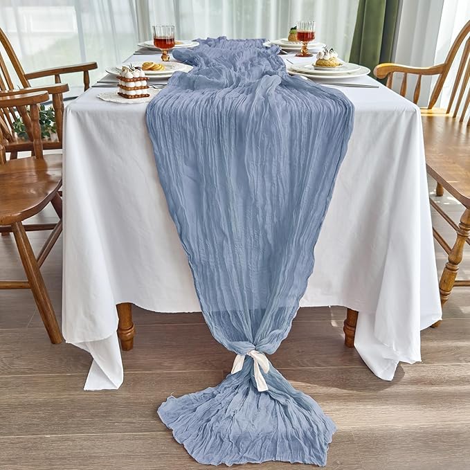 IVAPUPU 2 Pcs Cheesecloth Table Runner - 10ft Dusty Blue Boho Gauze Cheese Cloth Table Runners for Baby Shower Decoration Wedding Party Summer Garden Farmhouse