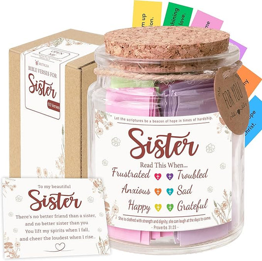 Bible Verse Jar for Sister – 92 Color-Coded Scriptures for Encouragement, Birthday Present for Sister from Mom, Daughter-in-Law Gift Idea, Faith & Comfort Jar, Inspirational Christmas Gift for Sister