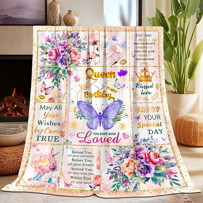 Happy Birthday Gifts for Women, Super Soft Funny Purple Butterfly Flower Bday Decorations Blanket 60"x50" for Women Mom, Birthday Gifts for Girls, Warm Plush Fleece Flannel Blanket for Couch Bedding