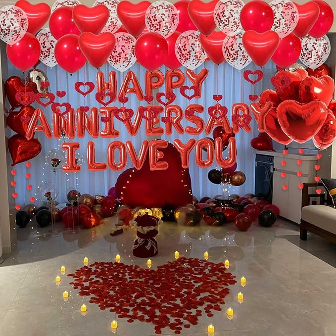 Red Happy Anniversary Decorations I LOVE YOU Letter Balloons - 1200pcs Red Artificial Rose Petals 16" Letter Balloons 18" Heart Foil Balloons Latex balloons heart balloons Hanging Swirls Heart Banner