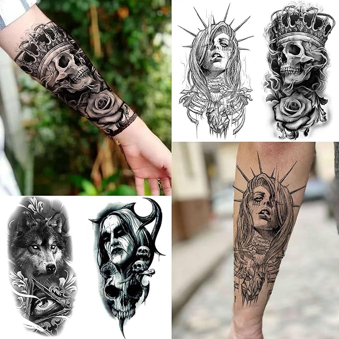 62 Sheets Large Wolf Lion Skeleton Temporary Tattoos For Men Women Arm, 3D Temp Bulk Halloween Accessory Realistic Tattoo Sticker For Adults Neck, Scary Skull Zombie Vampire Fake Tattoos Cobra Snake