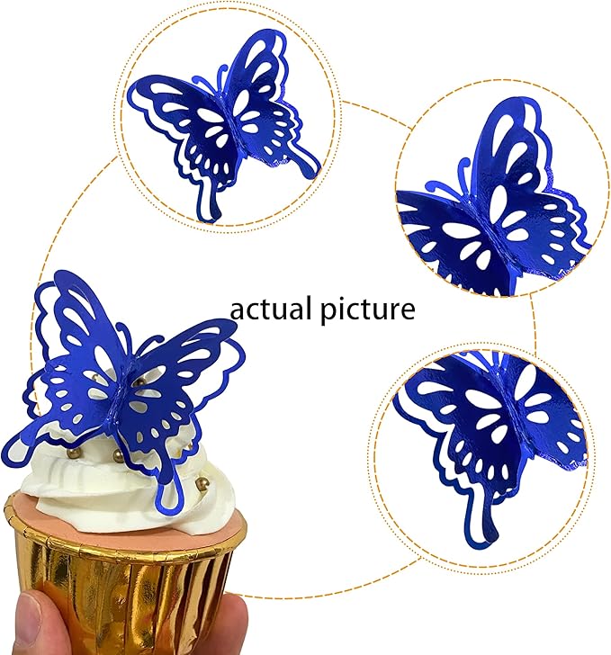 40 PCS Deep Blue Lively 3D Butterfly Cupcake Toppers Hollow Art Butterfly Cake Topper Decorations for Baby Shower Wedding Anniversary Kids Birthday Party Supplies Mixed Size