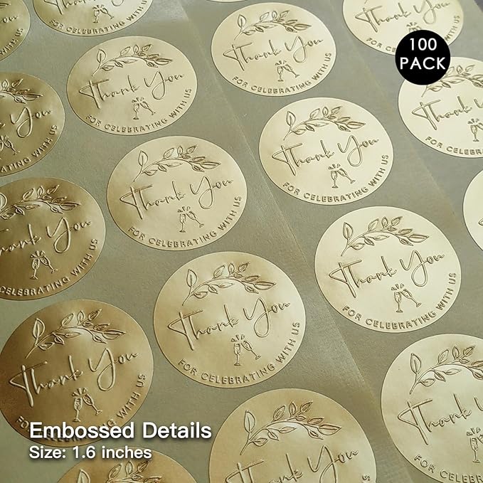 100 x Embossed Wedding Stickers Thank You for Celebrating with Us Favor Tags Party Favor Labels Gold Foil Embossed Round Sticker Tags Metallic Foil Wedding Decor 1.6 inch