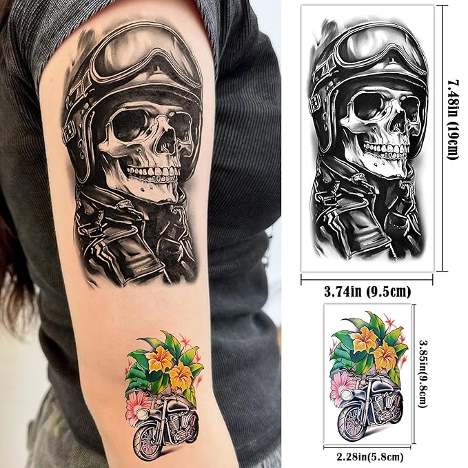 77 Sheets Motorcycle Temporary Tattoo for Women Men, 17 Sheets Half Arm Large Wing Skull Flowers Fake Tattoos, 60 Sheets Black Tiny for Adult Kids Party Body Tattoos Stickers Realistic