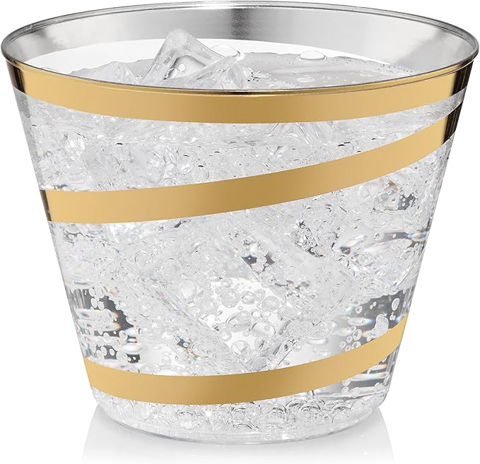 Perfect Settings 110 Gold Swirl Clear Plastic Cups 9 Ounce - Holiday Wedding Party Elegant Trimmed Disposable Cups - Fancy Wedding Cups