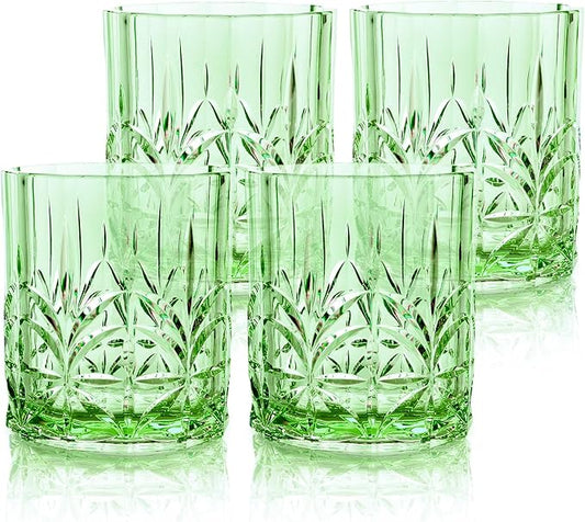 BELLAFORTE Shatterproof Tritan Plastic Short Tumbler, Set of 4, 13oz - Myrtle Beach Unbreakable Crystal Cut Old Fashioned Drinking Glasses for Whiskey - BPA Free - Dishwasher Safe - Green