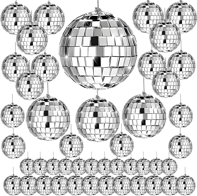 46 PCS Disco Mirror Ball Reflective Mini Glass Hanging Decorations Assorted Silver 6 Inches Large Disco Ball for Wedding Dance Music Ballroom Hall Props Club Stage Backdrop Props (6 inch)