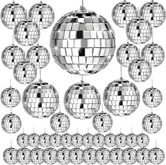 46 PCS Disco Mirror Ball Reflective Mini Glass Hanging Decorations Assorted Silver 6 Inches Large Disco Ball for Wedding Dance Music Ballroom Hall Props Club Stage Backdrop Props (6 inch)