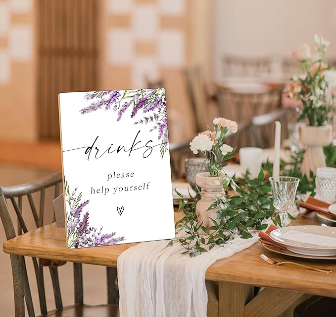 Drinks Please Help Yourself Sign, Lavender Drink Signs for Party, Bridal Shower Decorations, Wedding Reception Decor, Floral Wooden Sign with Stand for Wedding Reception And Bridal Party Decor, 25