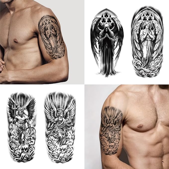 77 Sheets Temporary Tattoo for Women Men, 17 Sheets Half Arm Large Black Angel Devil Fake Tattoos, 60 Sheets Skull Heart Wings Tiny for Adult Kids Cosplay Party Body Tattoos Stickers Realistic