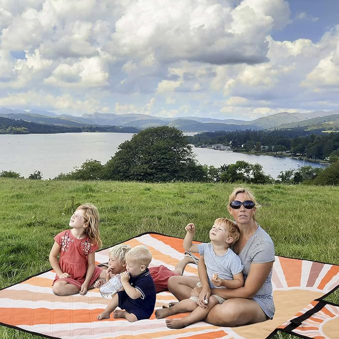 Picnic Blankets Waterproof,79''x79'' Extra Large Foldable Sandproof Beach Blanket,Portable 3-Layer Polyester Outdoor Picnic Blanket for Grass Lawn,Beach,Family Camping,Park,Travel-Starburst Orange