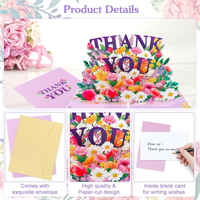 Pop Up Thank You Cards - 3D Paper Flowers Thank You Pop Up Cards with Envelope for Mom Dad Women Men Nurses Teachers Day Appreciation Gift