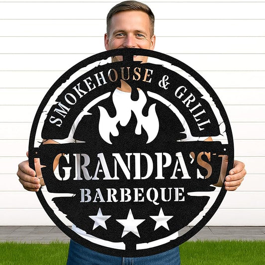 Custom BBQ Grill Metal Sign Personalized Name Wall Art for Outdoor Barbecue Patio Kitchen Backyard Decor Gift for Dad Husband Men Papa Grandpa Father Grilling Enthusiasts Family Lover Funny Gifts 54