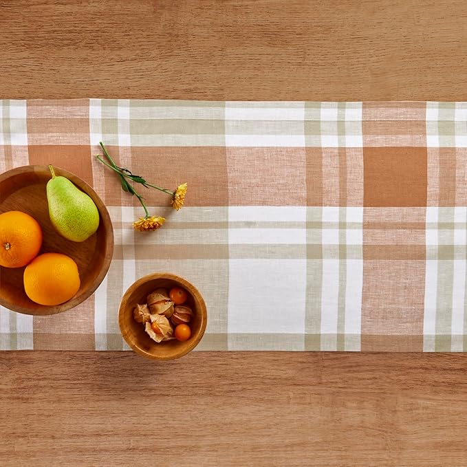 Solino Home Linen Plaid Table Runner 48 Inches - 100% Pure Linen Fall Harvest Short Table Runner 14 x 48 Inch Ideal for Dresser and Coffee Tables - Thanksgiving, Holiday