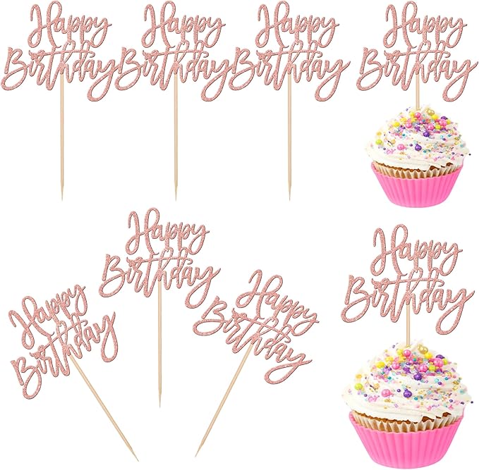 24 PCS Happy Birthday Cupcake Toppers Glitter Picks for Celebrating Anniversary Theme Party Cake Decorations Supplies Rose Gold