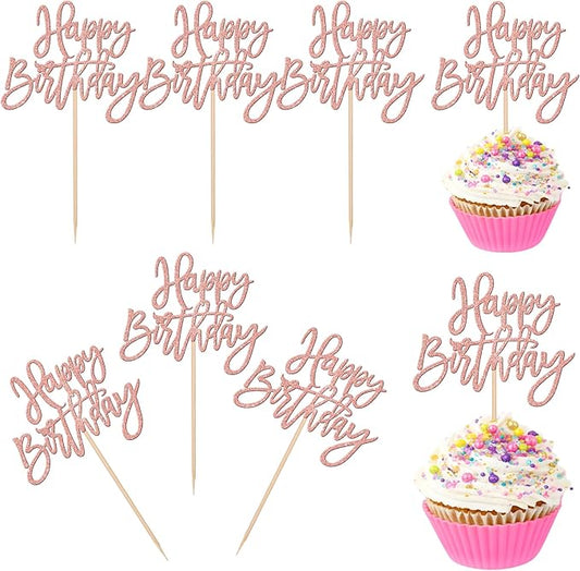 24 PCS Happy Birthday Cupcake Toppers Glitter Picks for Celebrating Anniversary Theme Party Cake Decorations Supplies Rose Gold