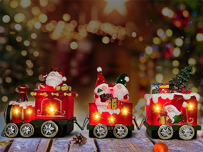 Hexagram Christmas Gnomes Decorations Centerpieces for Tables - Lighted Gnome Christmas Decorations Indoor Snowman Tabletop Decor, Xmas Table Centerpieces for Home - Light Up Train Figurines Table Top