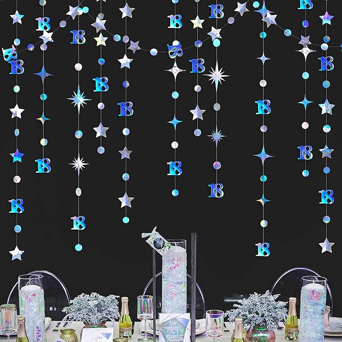 Iridescent 18th Birthday Decorations Number 18 Circle Dot Twinkle Star Garland Kit Metallic Hanging Streamer Bunting Banner Backdrop for Girls Happy 18 Year Old Eighteen Anniversary Party Supplies