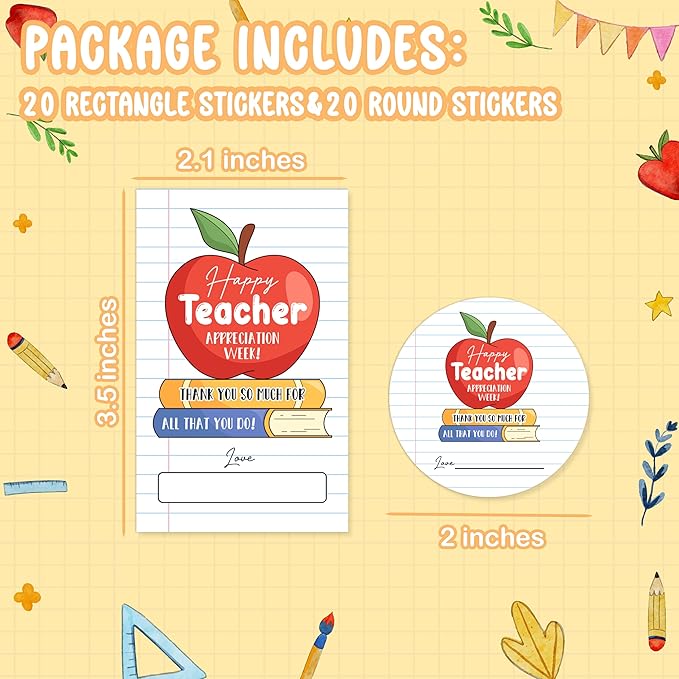 Teacher Appreciation Gift Tags, 40 Pcs Thank You Tags, Apple and Books Stickers for Presents Wrapping Envelope Seals Lables Boxes Cards Party Favor Decorations A07
