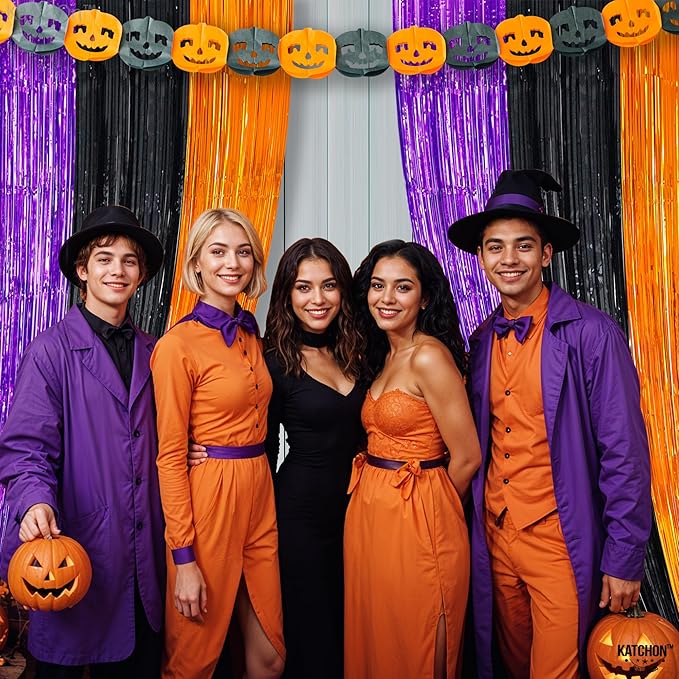 KatchOn, Orange Black and Purple Foil Fringe Curtain - XtraLarge 3.2x6.5 Feet, Pack of 2 | Streamers for Birthday, Bachelorette, Engagement | Fringe Backdrop for Halloween Party Decorations