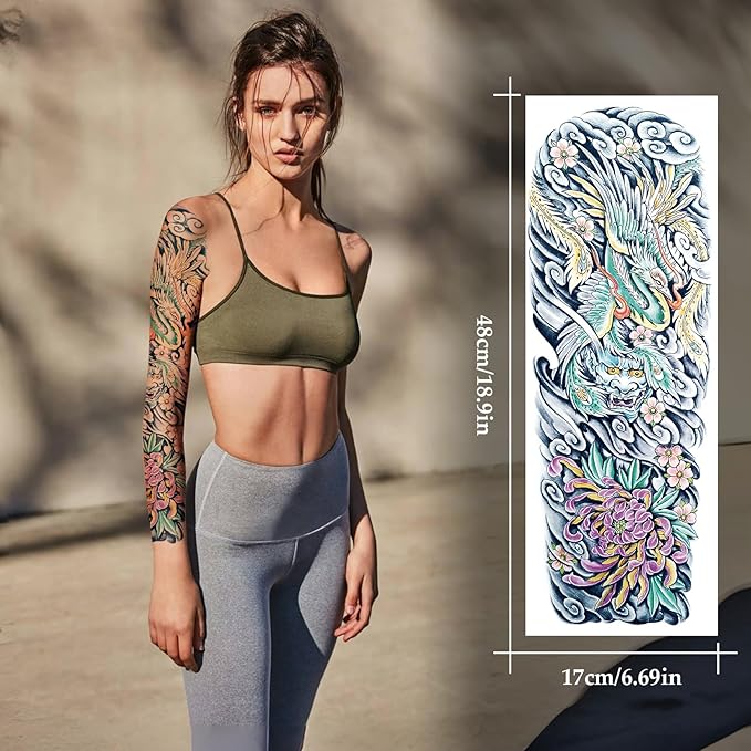 12 Sheets Temporary Sleeve Tattoos Adults, Waterproof Realistic Full Arm Fake Flower Totem Wolf Dragon Chinese Style Tattoos, Owl Monkey King Tattoo Parties Festivals Cosplay BBQ Pool Beach Party