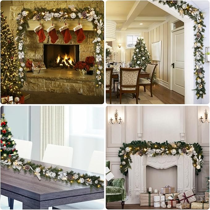 GarveeHome Christmas Garland with Lights for Mantle, 6 ft Battery Operated Silver White Xmas Garland with 20 LED Lights Timer Ribbon for Fireplace Stair Railing TV Stand Indoor Outdoor Holiday Decor