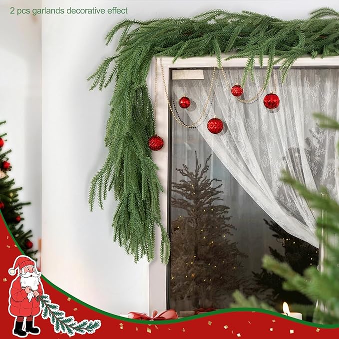 6Ft 2Pcs Artificial Norfolk Pine Garland Realistic Green Faux Greenery Garland for Christmas Table, Fireplace, Mantle, Window, Stairs, Indoor, Outdoor Holiday Decor