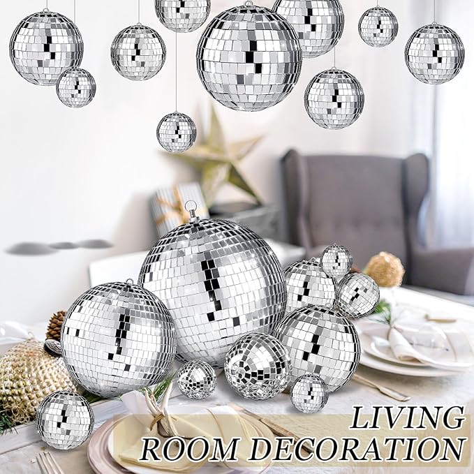 Hoolerry 200 Pcs Mini Mirror Disco Ball Ornaments Mardi Gras Small Silver Hanging Decorations Reflective Tiny Balls Bulk for 70s 80s 90s Disco Party, Christmas Tree(6'', 4'', 3'', 2.4'', 1.6'', 0.8'')