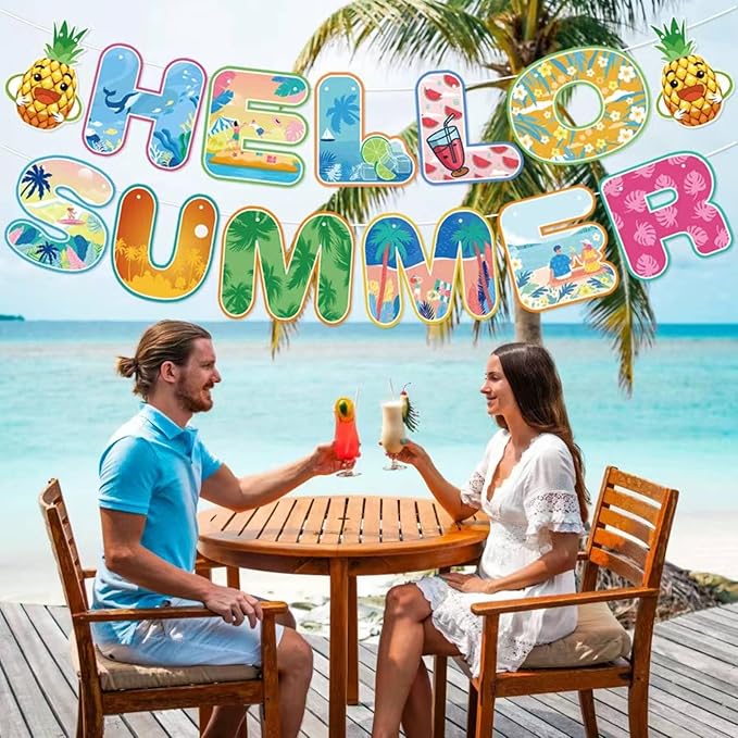 Summer Party Decorations Hello Summer Banner Colorful Beach Pool Theme Banners Hanging Swirls Beach Party Decorations Garland for Holiday Happy Party Supplies