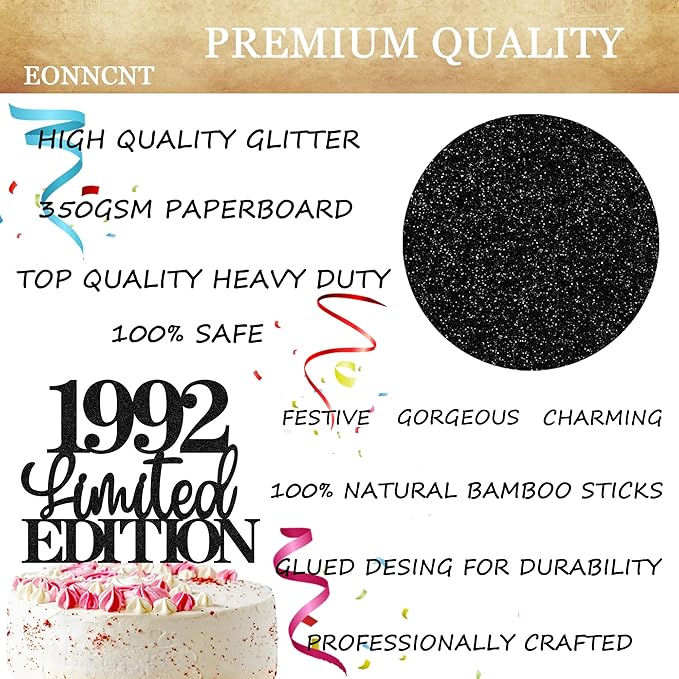 Limited EDITION 1992 Cake Topper - Black Glitter Happy 33rd Birthday Party Cake Decoration Supplies, Cheer to 33 Years Cake Bunting Decor for 33rd Birthday Party Photo Booth Props
