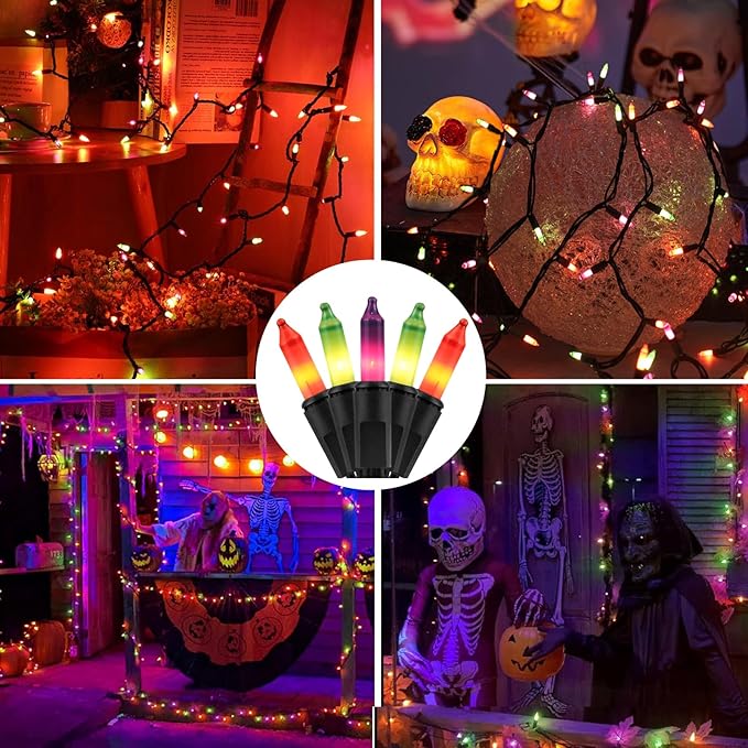 Halloween Purple Orange & Green String Lights – 100 Count Mini Incandescent, 26.5ft Black Wire, UL Listed, Connectable up to 125ft, Spooky Christmas Lights for Indoor & Outdoor Decor