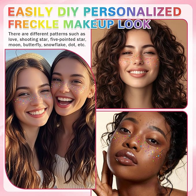 10 PCS Multi-color Glitter Freckles Facs Tattoos, Rainbow Freckles Makeup Patches, Long Lasting Glitter Temporary Tattoos for Halloween Christmas Party