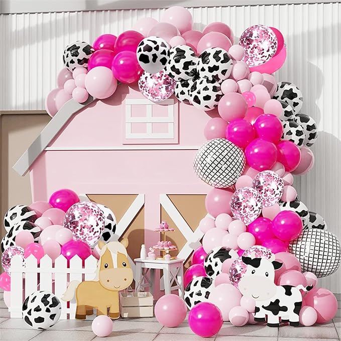 Cowgirl Balloons 95pcs Pink Western Cow Print Latex Confetti Balloon for Western Disco Cowgirl Retro Horse Last Rodeo Bachelorette Party Cow Theme Baby Bridal Shower Wedding Birthday Decor