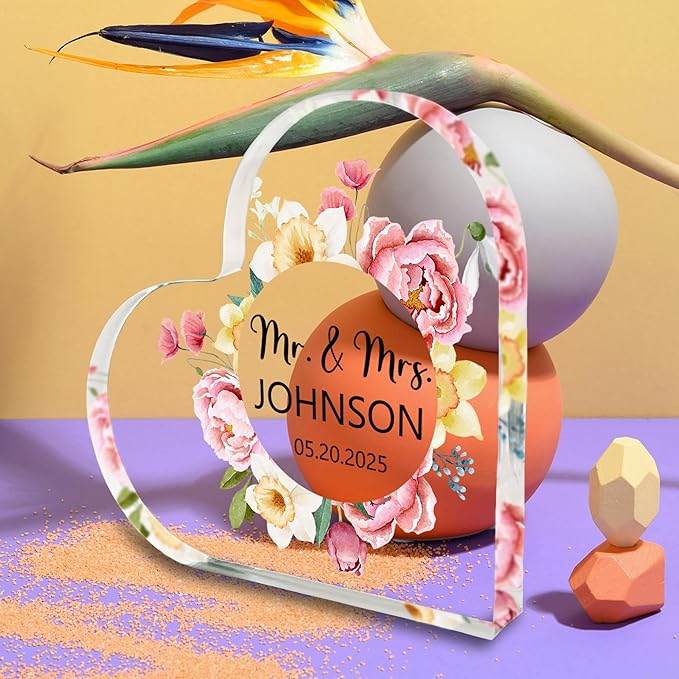 Custom Wedding Heart Acrylic Plaque,Mr & Mrs Cake Topper,Personalized Wedding Keepsake/Gift/Sign (Style 21)