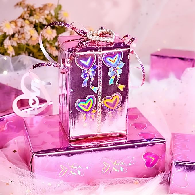 Yarcony Pink Heart Wrapping Paper, Mini Roll, Holographic Hearts Gift Wrap, Love Iridescent Hearts Wrapping Paper for Valentine's Day, Girl Birthday Party, Anniversary,Wedding (17 Inch X 33 Feet)