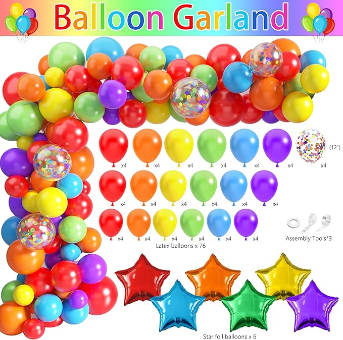 103 Pcs Colorful Birthday Decorations for Boys and Girls, Rainbow Party Decorations with Happy Birthday Backdrop Banner Tablecloth Balloon Arch Kit Centerpieces & Fringe Curtains