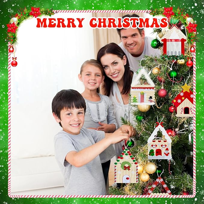 Yoloodayy 12 Set Christmas Craft Kits Popsicle Stick Christmas Ornaments 6 Designs DIY Popsicle Stick Xmas House Decorations Art Craft Supplies for Xmas Holiday Classroom Activities Party Favors