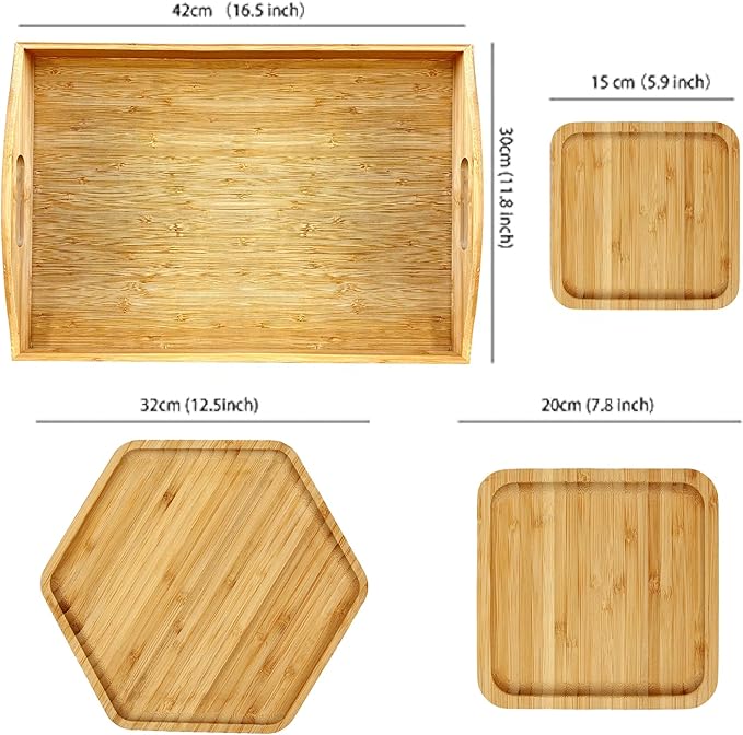 Bamboo Serving Trays Charcuterie Platter 16.5"x11.8"（42x30cm with Handle, Set Includes 1xHexagon 12.5"(32cm)+1xSquare 7.8"(20cm)+1xSquare 5.9"(15cm) Small Plates for Family Dinner