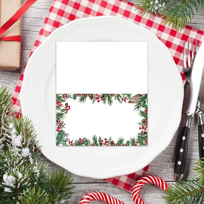 Whaline 100Pcs Christmas Place Cards 2 x 3.5 Inch Holly Berry with Pine Branch Cone Tented Cards Seating Cards for Xmas Wedding Bridal Shower Birthday Party Table Setting
