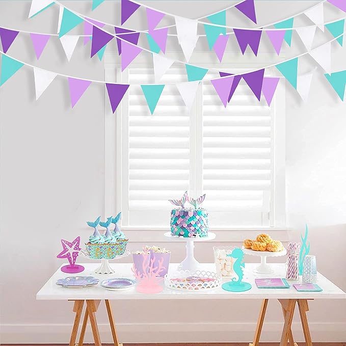 10M/32Ft Purple Aqua Blue and White Banner Decorations Triangle Flag Fabric Pennant Bunting Garland for Little Mermaid Theme Girls Birthday Wedding Bachelorette Baby Shower Under The Sea Party(36Pcs)