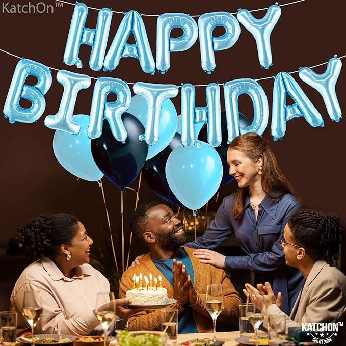KatchOn, Light Blue Happy Birthday Balloon Banner - 16 Inch | Happy Birthday Sign | Birthday Decoration For Boys, Girls, Women and Men | Ocean Theme Birthday Decorations